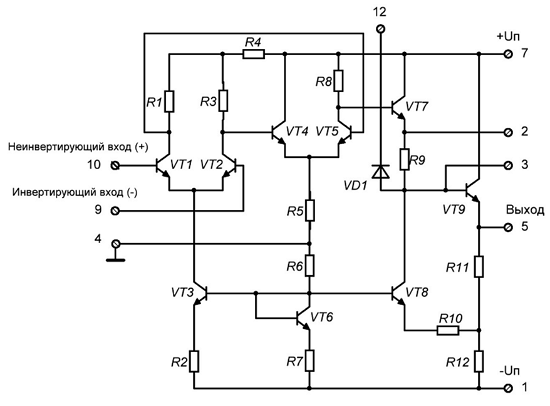  Электрическая принципиальная схема операционного усилителя μА702 (отечественный аналог К140УД1)