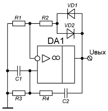 Схема генератора Вина на ОУ с простейшей системой автоматической стабилизации амплитуды.