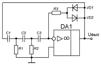 Схема генератора на фазосдвигающих цепочках с амплитудным ограничителем в цепи ООС.