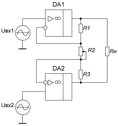 Схема дифференциального усилителя, позволяющая регулировать коэффициент усиления одним резистором
